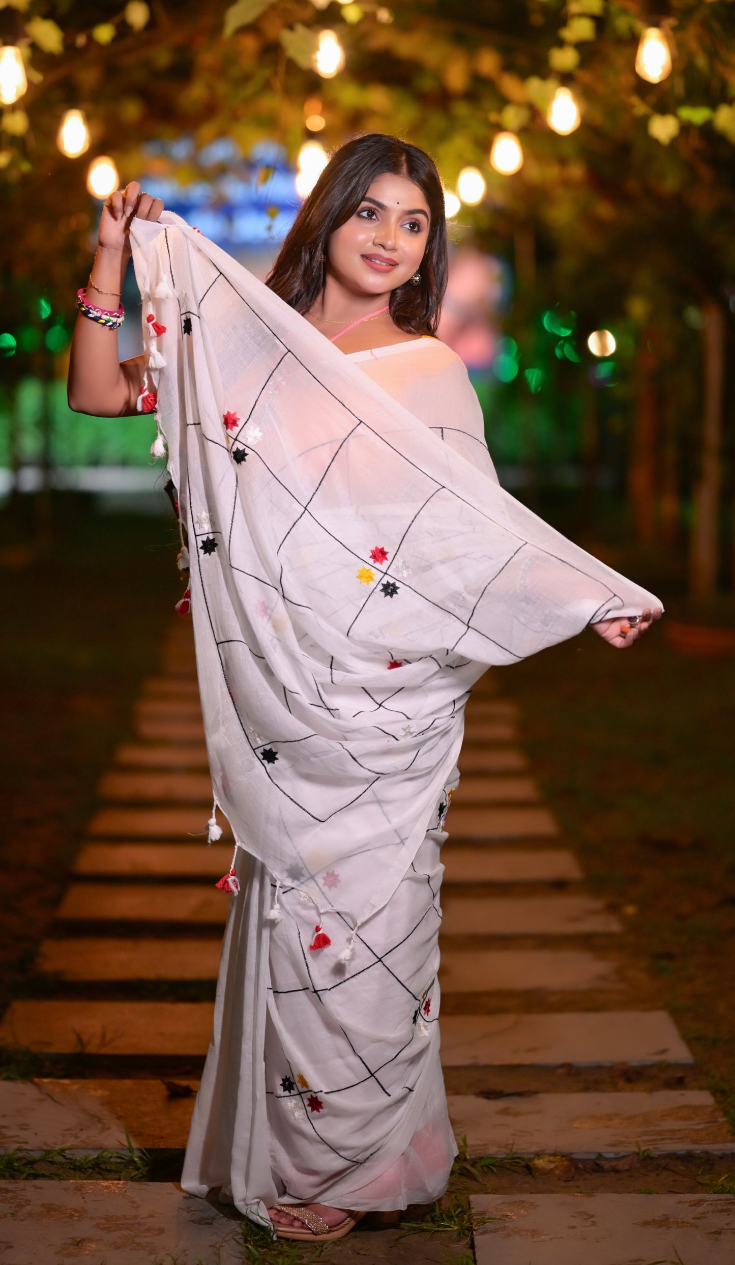 Classic White Mull Cotton Saree with Minimal Embroidered Accents | Blouse Piece Not Included