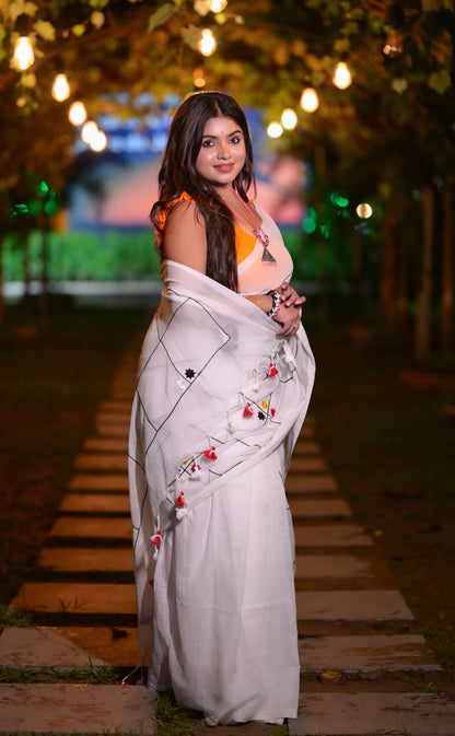 Classic White Mull Cotton Saree with Minimal Embroidered Accents | Blouse Piece Not Included