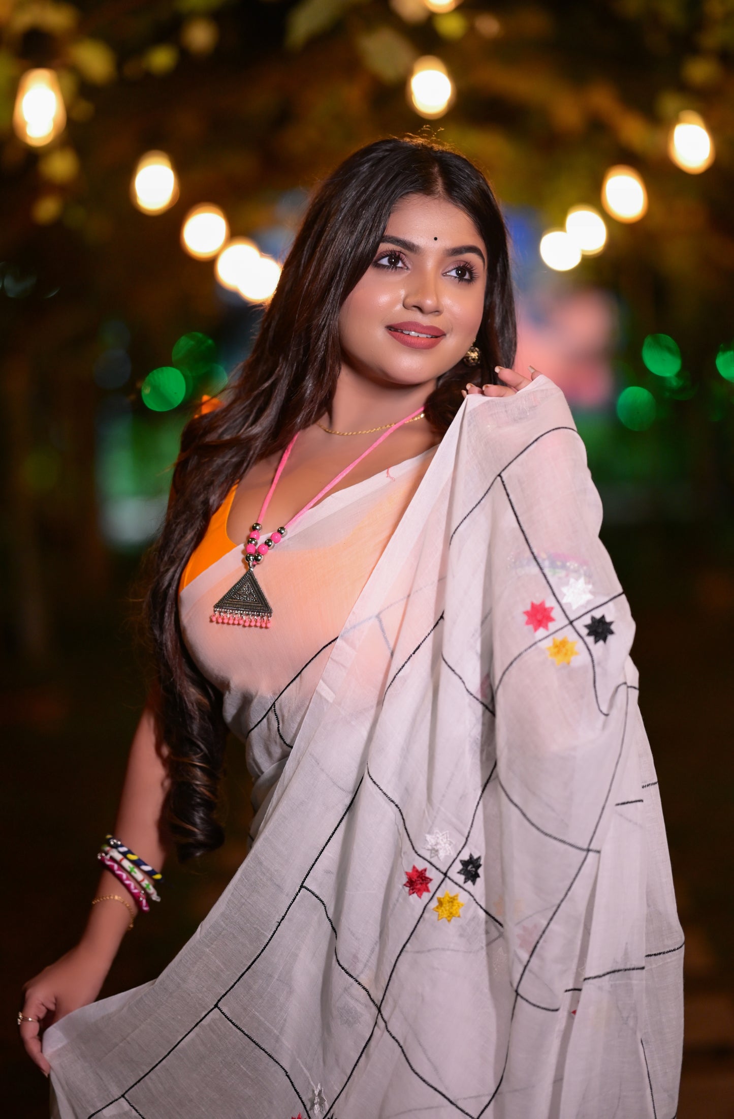 Classic White Mull Cotton Saree with Minimal Embroidered Accents | Blouse Piece Not Included