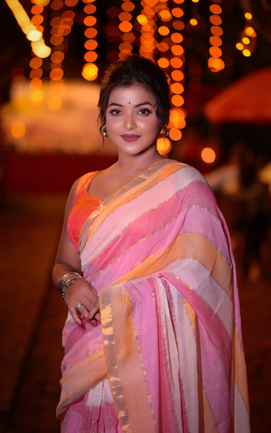 Handwoven Pink & Orange Striped Mull Cotton Saree with Golden Border – Lightweight Festive Wear