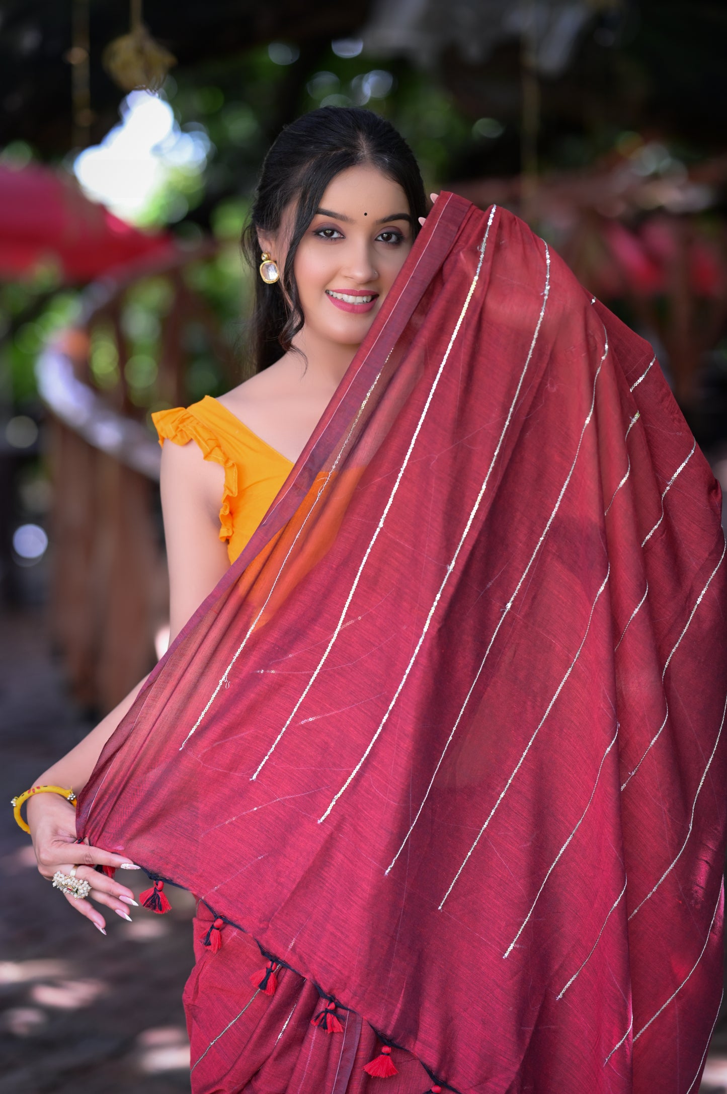 Stylish Maroon Mull Cotton Saree with Silver Stripes – Blouse Not Included