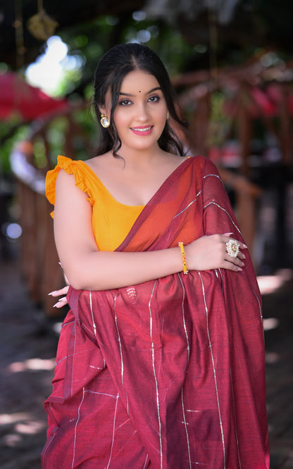 Stylish Maroon Mull Cotton Saree with Silver Stripes – Blouse Not Included