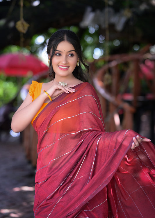 Stylish Maroon Mull Cotton Saree with Silver Stripes – Blouse Not Included