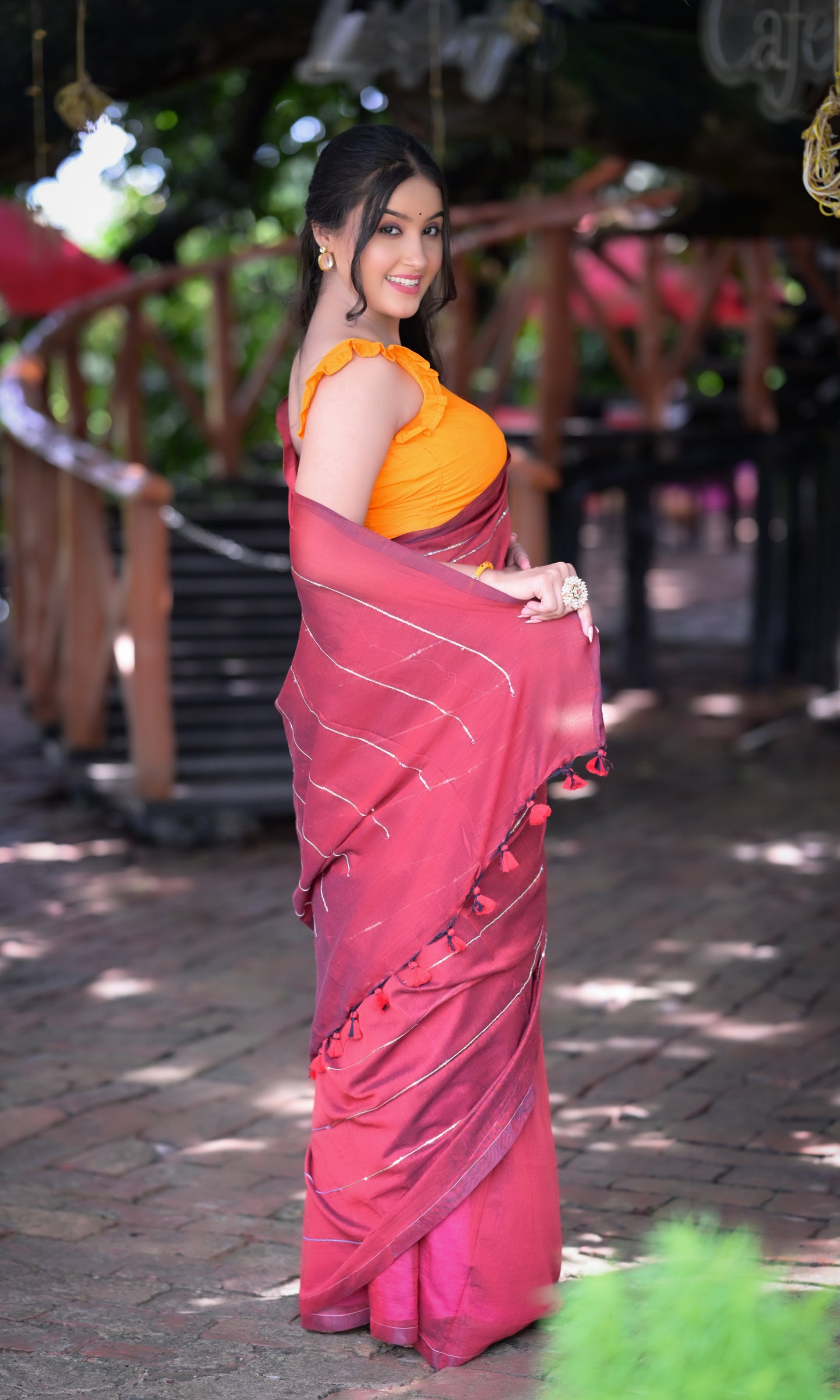 Stylish Maroon Mull Cotton Saree with Silver Stripes – Blouse Not Included