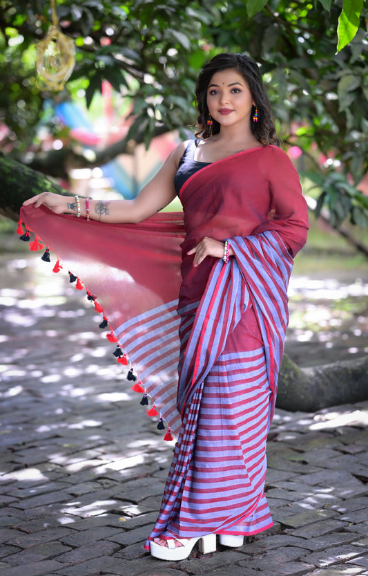 Maroon & Grey Striped Mull Cotton Saree – Soft & Lightweight | Blouse Not Included