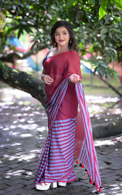 Maroon & Grey Striped Mull Cotton Saree – Soft & Lightweight | Blouse Not Included