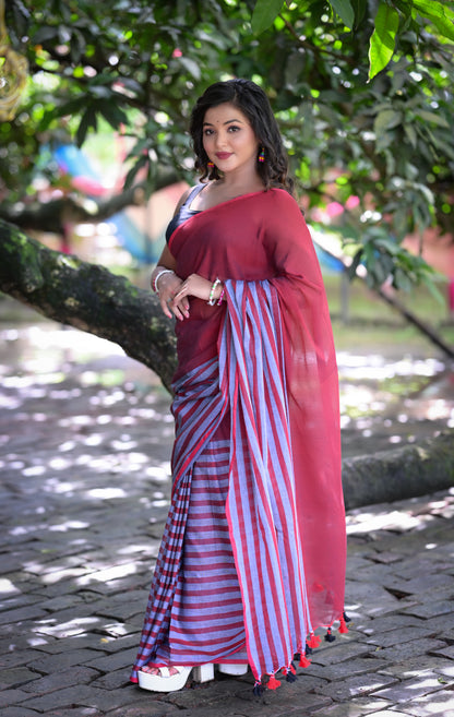 Maroon & Grey Striped Mull Cotton Saree – Soft & Lightweight | Blouse Not Included