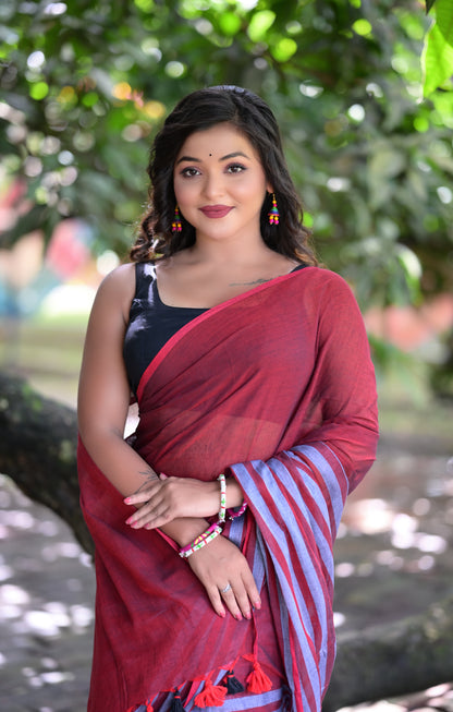 Maroon & Grey Striped Mull Cotton Saree – Soft & Lightweight | Blouse Not Included