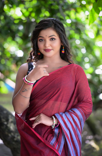 Maroon & Grey Striped Mull Cotton Saree – Soft & Lightweight | Blouse Not Included