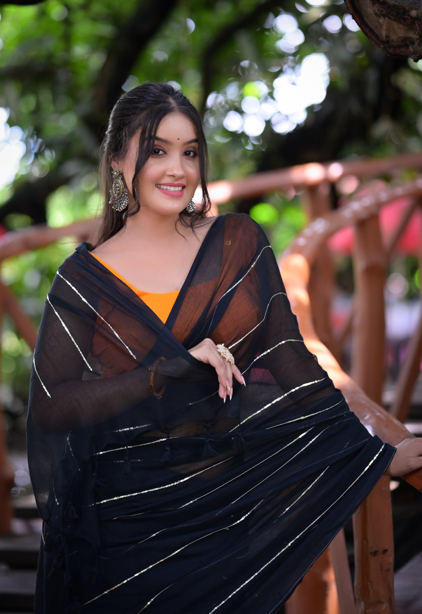 Elegant Black Mull Cotton Saree with Silver Stripes & Tassel Pallu – With Blouse Piece