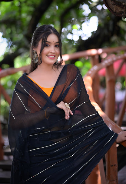 Elegant Black Mull Cotton Saree with Silver Stripes & Tassel Pallu – With Blouse Piece