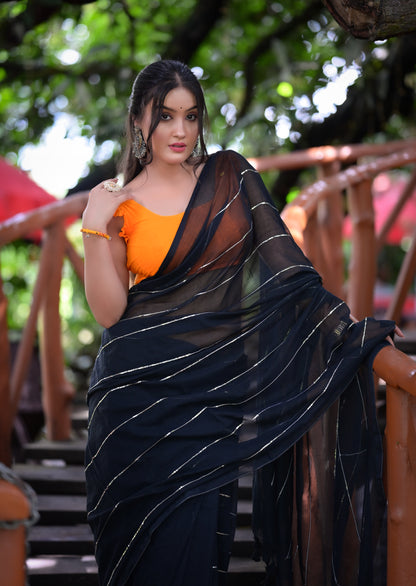 Elegant Black Mull Cotton Saree with Silver Stripes & Tassel Pallu – With Blouse Piece