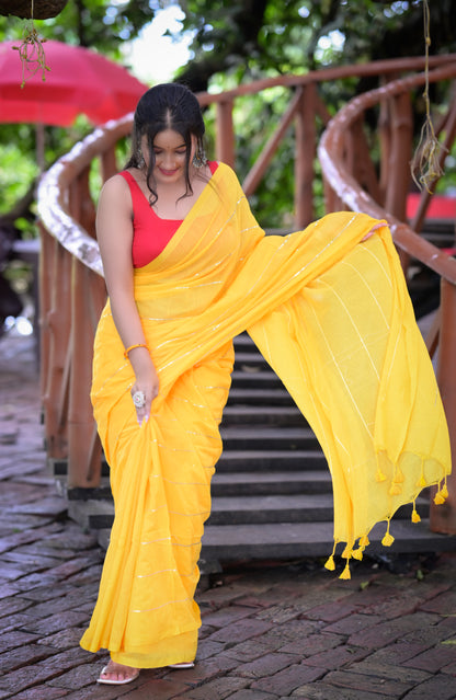 Bright Yellow Mull Cotton Saree with Silver Stripes & Tassel Pallu – Blouse Not Included