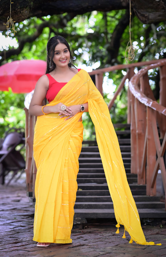 Bright Yellow Mull Cotton Saree with Silver Stripes & Tassel Pallu – Blouse Not Included