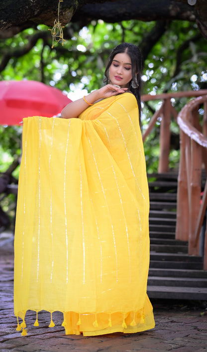 Bright Yellow Mull Cotton Saree with Silver Stripes & Tassel Pallu – Blouse Not Included