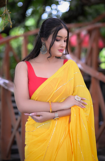 Bright Yellow Mull Cotton Saree with Silver Stripes & Tassel Pallu – Blouse Not Included