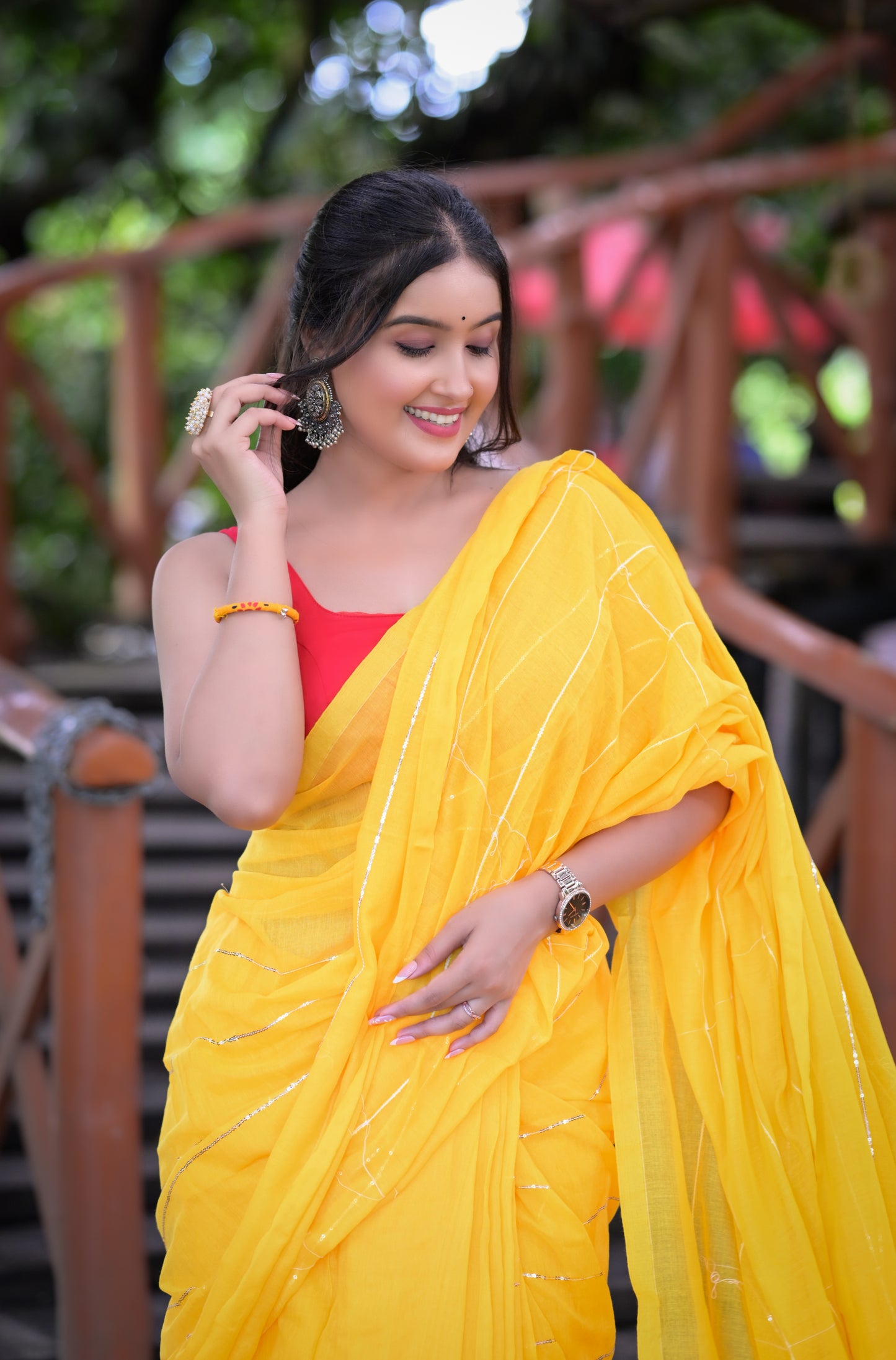 Bright Yellow Mull Cotton Saree with Silver Stripes & Tassel Pallu – Blouse Not Included