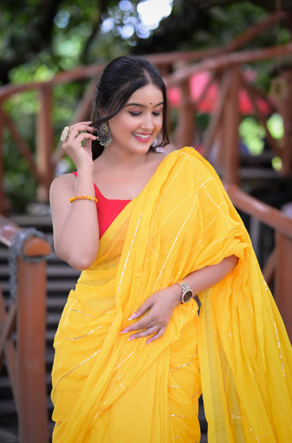 Bright Yellow Mull Cotton Saree with Silver Stripes & Tassel Pallu – Blouse Not Included