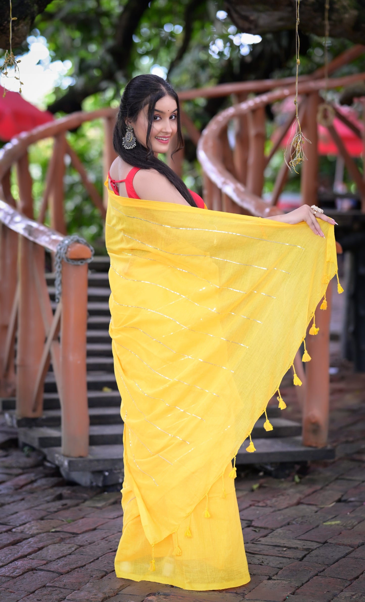 Bright Yellow Mull Cotton Saree with Silver Stripes & Tassel Pallu – Blouse Not Included