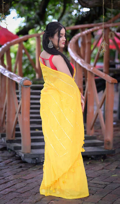 Bright Yellow Mull Cotton Saree with Silver Stripes & Tassel Pallu – Blouse Not Included