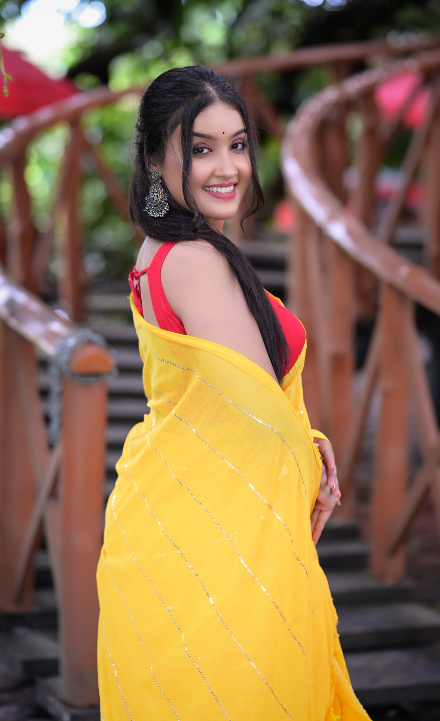 Bright Yellow Mull Cotton Saree with Silver Stripes & Tassel Pallu – Blouse Not Included