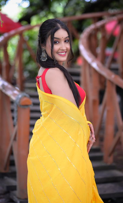 Bright Yellow Mull Cotton Saree with Silver Stripes & Tassel Pallu – Blouse Not Included