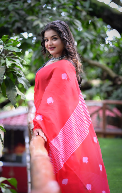 Elegant Red Handwoven Cotton Saree with Subtle White Motifs