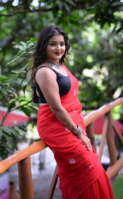 Elegant Red Handwoven Cotton Saree with Subtle White Motifs
