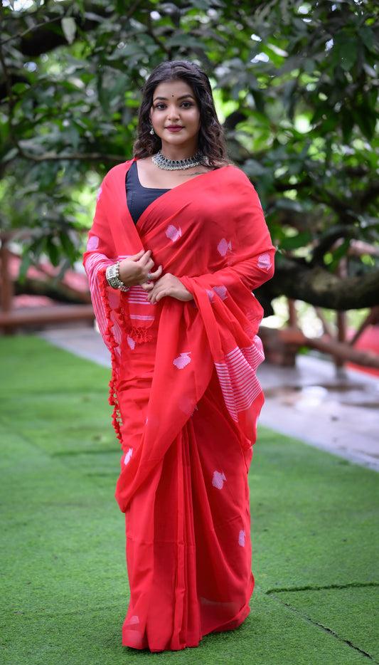 Elegant Red Handwoven Cotton Saree with Subtle White Motifs