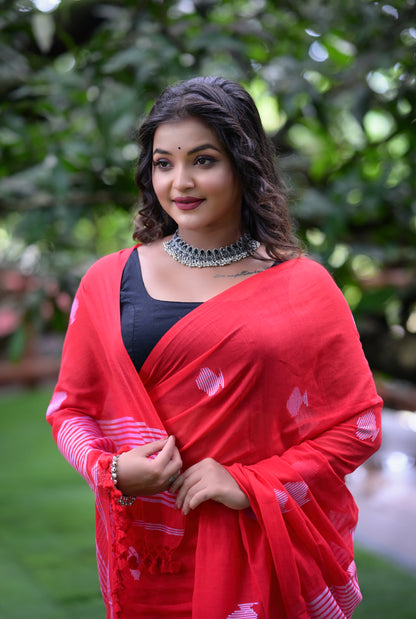 Elegant Red Handwoven Cotton Saree with Subtle White Motifs