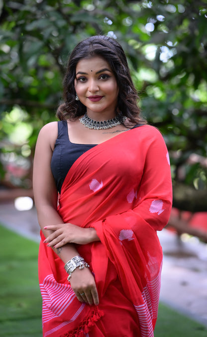 Elegant Red Handwoven Cotton Saree with Subtle White Motifs