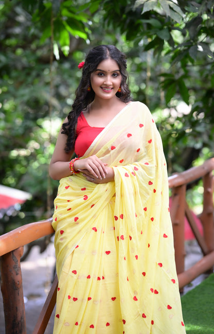 Yellow Mull Cotton Saree with Red Heart Design – Soft & Lightweight (Blouse Not Included)