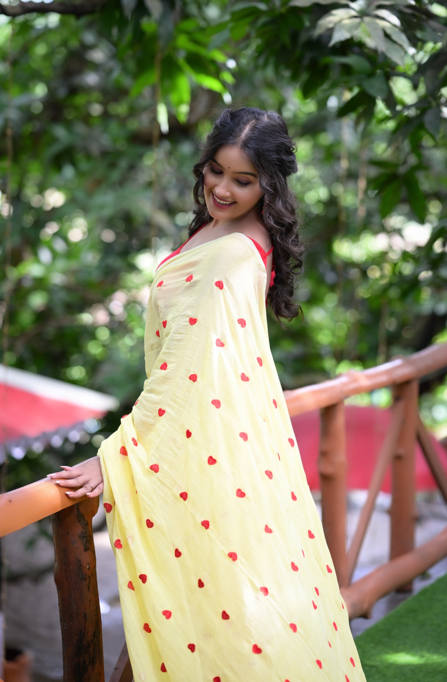 Yellow Mull Cotton Saree with Red Heart Design – Soft & Lightweight (Blouse Not Included)