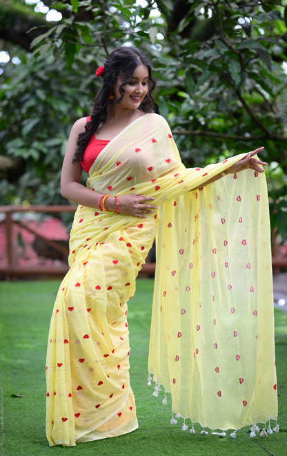 Yellow Mull Cotton Saree with Red Heart Design – Soft & Lightweight (Blouse Not Included)