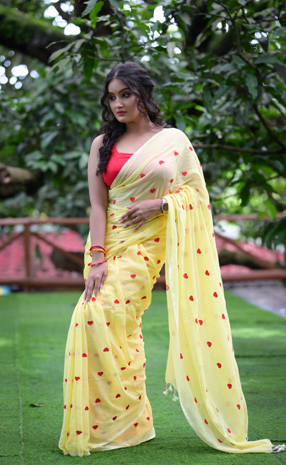 Yellow Mull Cotton Saree with Red Heart Design – Soft & Lightweight (Blouse Not Included)