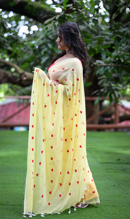 Yellow Mull Cotton Saree with Red Heart Design – Soft & Lightweight (Blouse Not Included)