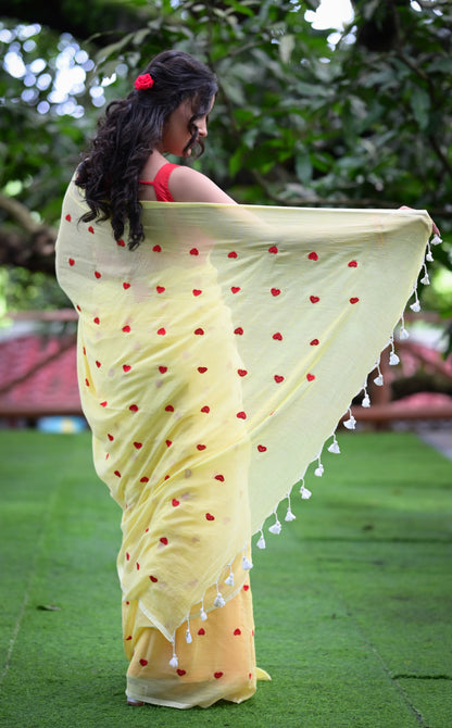 Yellow Mull Cotton Saree with Red Heart Design – Soft & Lightweight (Blouse Not Included)