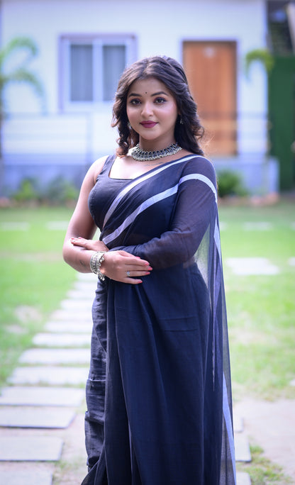 Elegant Black Mull Cotton Saree with White Border – Lightweight & Soft | Blouse Not Included