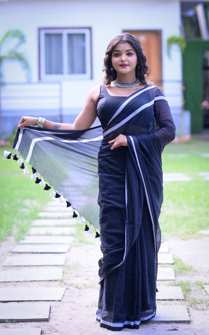 Elegant Black Mull Cotton Saree with White Border – Lightweight & Soft | Blouse Not Included