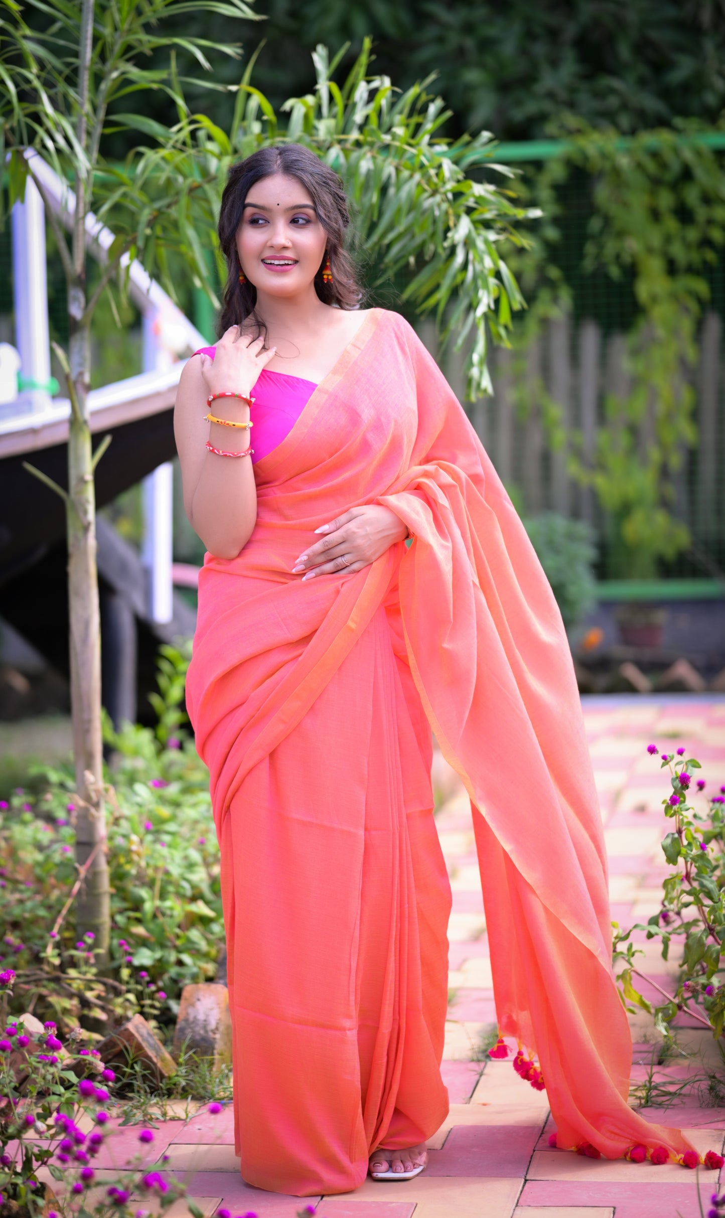 Peach Pink Mull Cotton Saree with Tassels – Soft & Lightweight