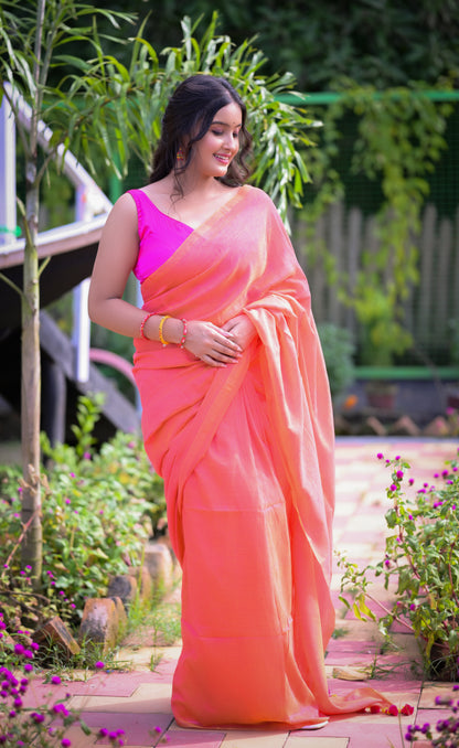Peach Pink Mull Cotton Saree with Tassels – Soft & Lightweight