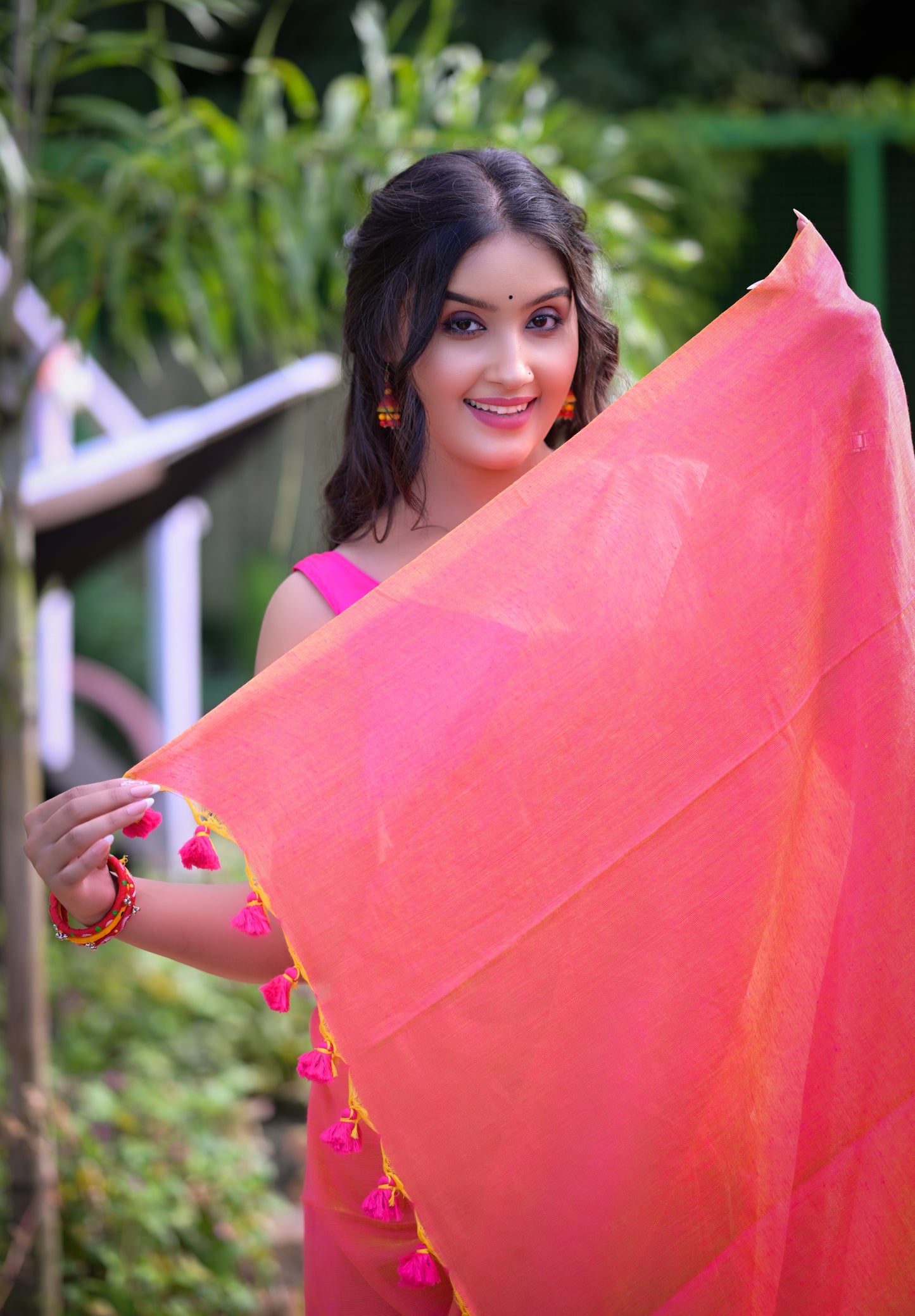 Peach Pink Mull Cotton Saree with Tassels – Soft & Lightweight