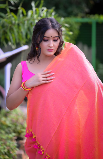 Peach Pink Mull Cotton Saree with Tassels – Soft & Lightweight
