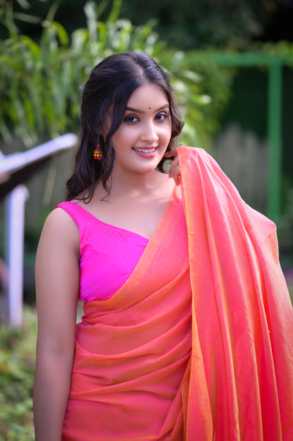 Peach Pink Mull Cotton Saree with Tassels – Soft & Lightweight