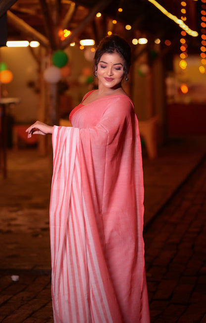 Elegant Pink Mull Cotton Saree – Lightweight & Soft