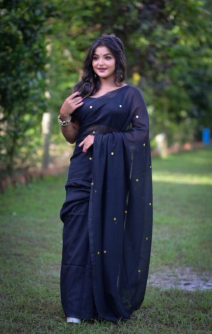 Elegant Black Khadi Cotton Saree with Golden Dots & Blouse Piece