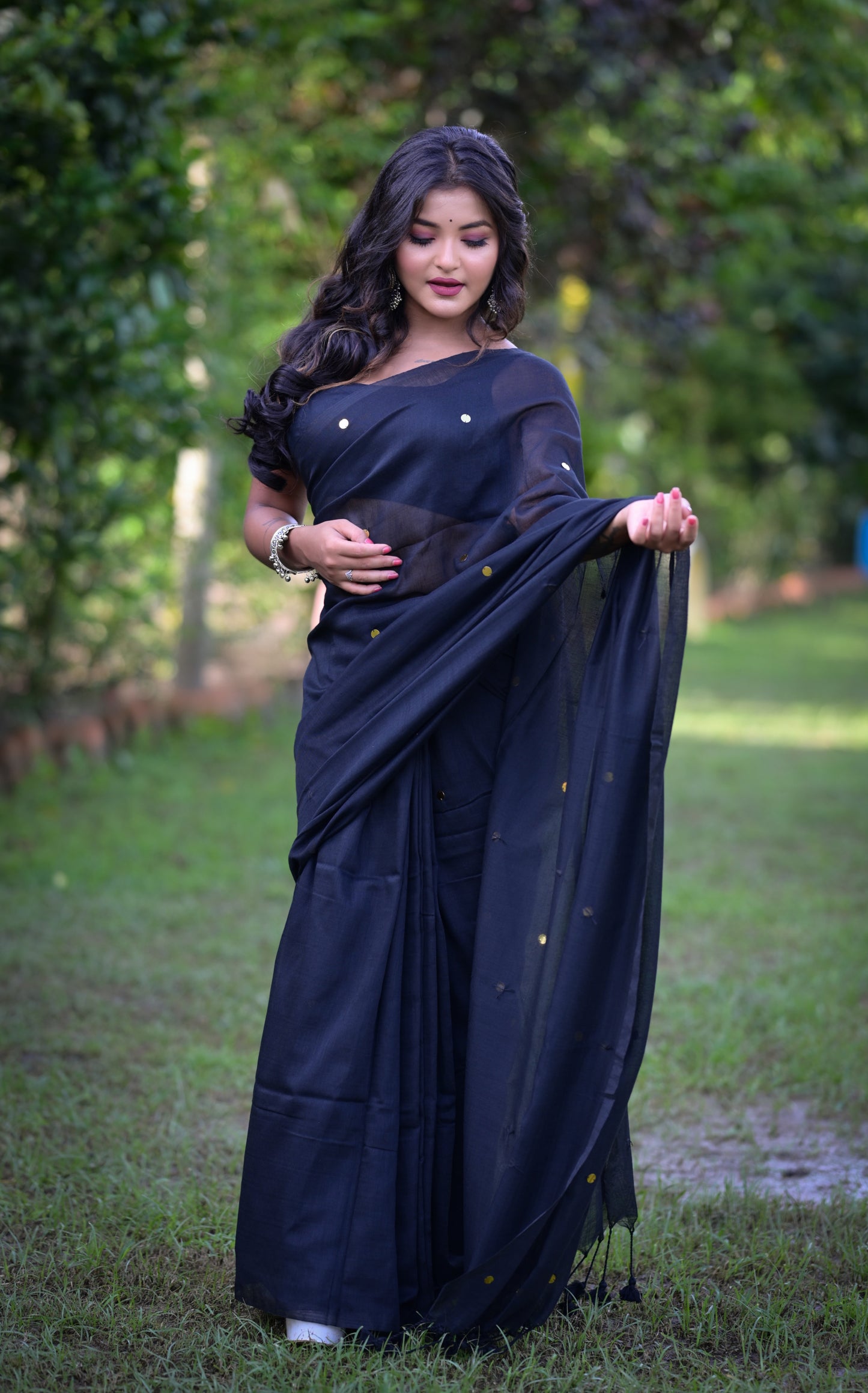Elegant Black Khadi Cotton Saree with Golden Dots & Blouse Piece