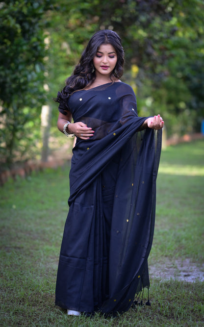 Elegant Black Khadi Cotton Saree with Golden Dots & Blouse Piece