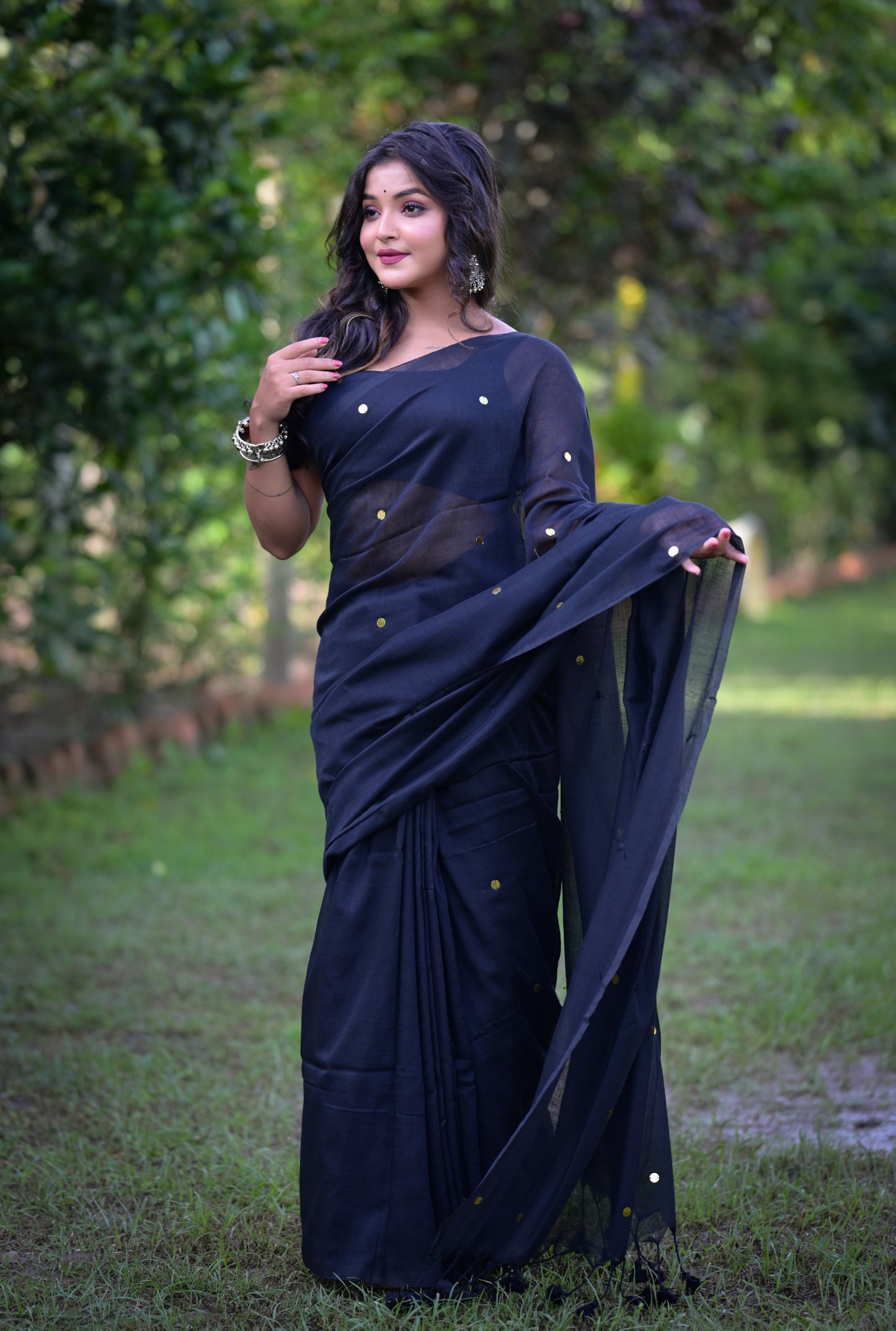Elegant Black Khadi Cotton Saree with Golden Dots & Blouse Piece