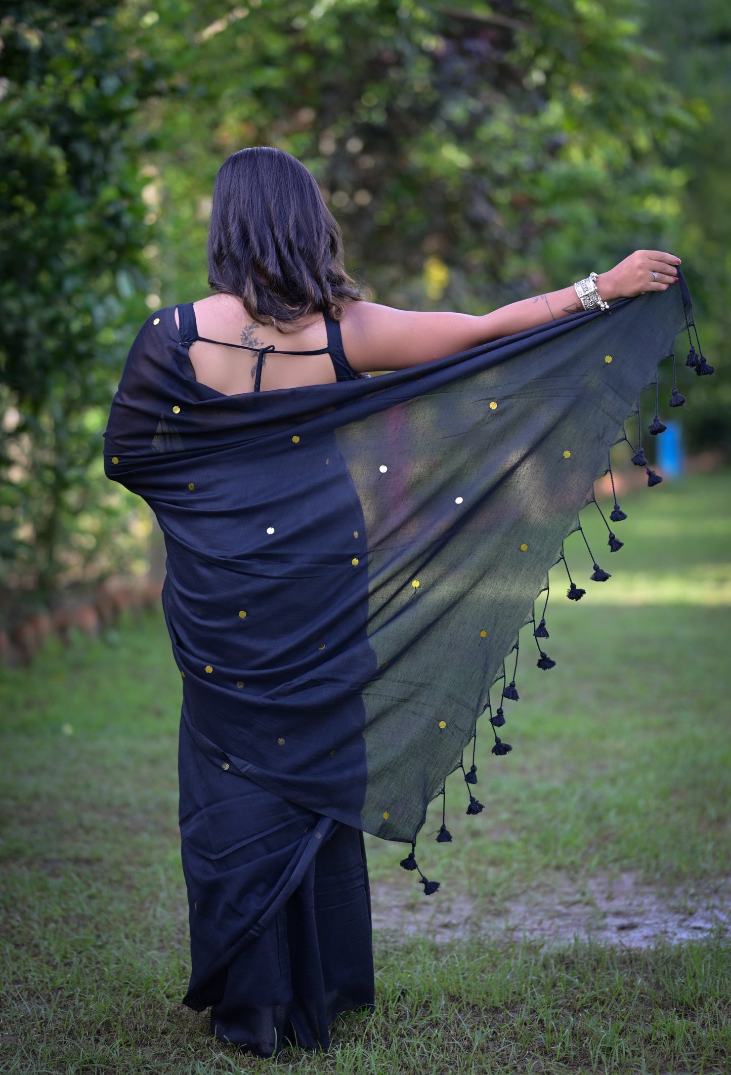 Elegant Black Khadi Cotton Saree with Golden Dots & Blouse Piece